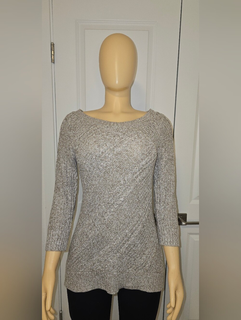 New York & Company Cream and Tan Cable Knit Sweater